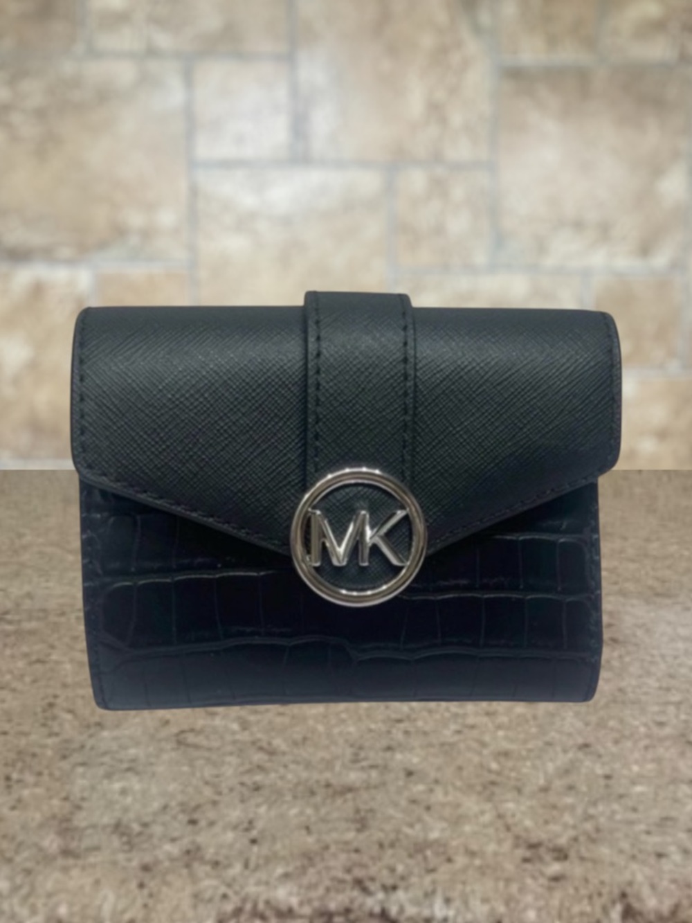 Michael Kors Carmen Crocodile Embossed Trifold Wallet Black Silver Hardware